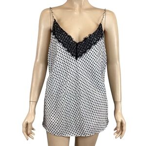 Massimo Dutti White Silk‎ Black Lace Trimmed Cami Blouse Top Size 10 Swiss Dots